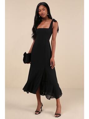 NWT Lulus Summer Invite Black Tie-Strap Tiered Midi Dress Bridesmaid Classy Sz S